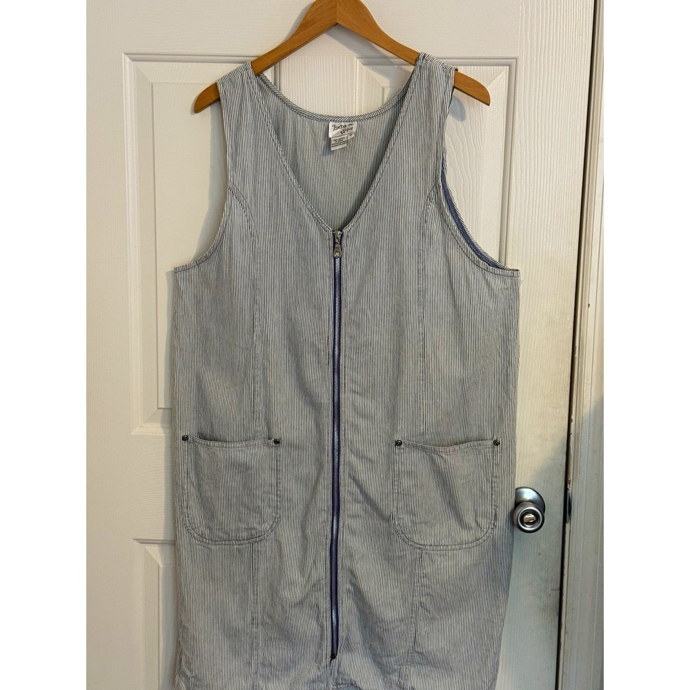 Vtg Y2K Zero to Nine Blue/White Pinstripe Zip overall dress Pockets L cotton